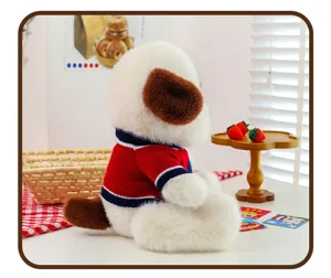 Cute plush dog toy wearing red knitted sweater soft stuffed animal for kids gift decoration