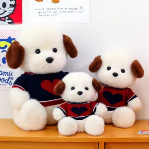 Cute plush teddy dog doll set with red heart sweater, soft stuffed animal toys for kids gift.