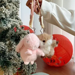 Plush animal keychain cute rabbit brown plush bag charm star clasp braided strap gift