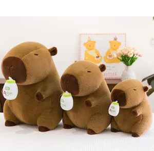 Set di peluche capybara carino con bottiglia di latte, vista dettagliata di bambole di stoffa.