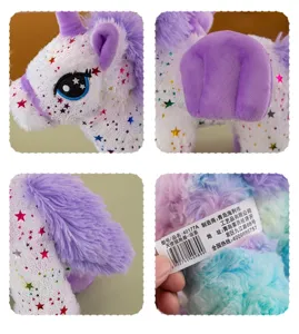 Cute unicorn plush toy detail view showing soft purple mane and shiny starry patterns.