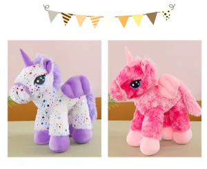 Cute angel unicorn plush toy detail, soft fluffy rainbow pony doll with wings and stars.