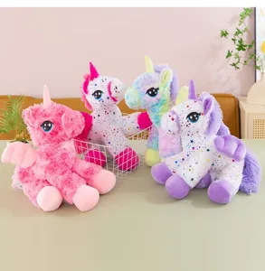 Detail shot of cute angel unicorn plush toys, colorful rainbow pony doll pillows, soft.