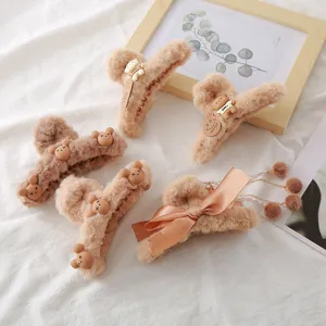 Cute autumn winter plush hair claw clips with fluffy bears and bows, sweet fashion hair accessories.