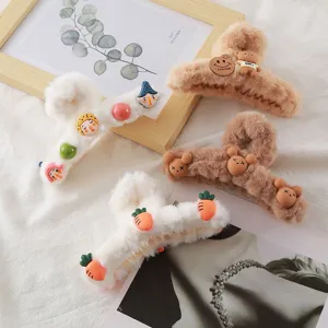 Fluffy large plush hair claw for women, cute winter hair clip with bear and soft faux fur.
