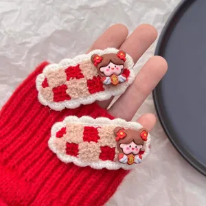 Pinzas para el pelo de felpa a cuadros rojos con detalle de niña bonita para accesorios de fiesta