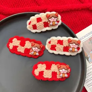 Lindo pasador de pelo de niña de la suerte, pinza de lana roja para niños y decoración capilar.