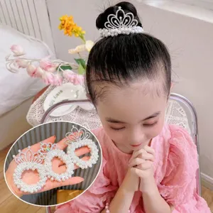 Kids Princess Crown Pearl Hair Tie Cute Rhinestone Hair Accessories Elastic Rubber Band Girls Hair Ponytail Holder