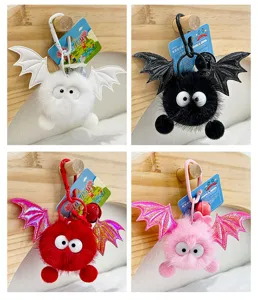 Cute fluffy bat keychain plush toy with big eyes, bag charm pendant, multicolor detail view.
