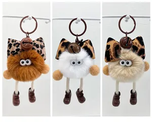 Cute fluffy plush ball keychain with leopard bow and big eyes, funny bag charm and key ring.