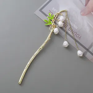 Elegant lily of the valley metal hair stick with pearl tassel for Chinese traditional hanfu.