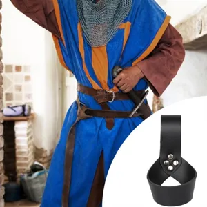 Medieval black leather sword frog holder scabbard belt loop costume accessory for LARP cosplay.