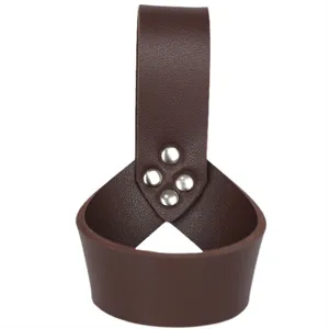 Medieval brown leather sword frog scabbard belt loop holder weapon accessory detail view