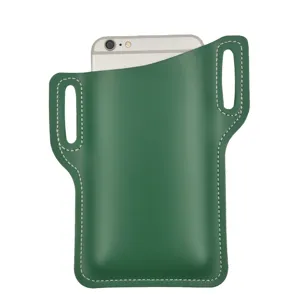 Etui de téléphone ceinture en cuir PU vert avec coutures blanches et doubles boucles.