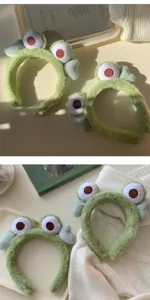Diadema de felpa verde con ojos de rana linda para lavar la cara, aro de pelo suave y cómodo.