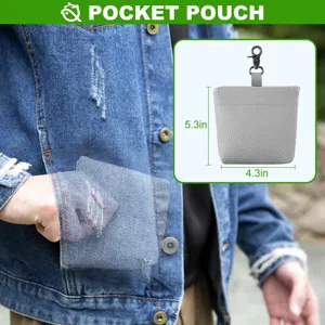 Pochette de poche portable en cuir PU gris avec mousqueton, idéale pour friandises et dressage.