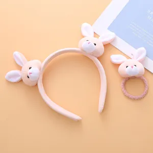 Cute pink bunny plush headband and hair tie set, soft sweet hair accessories for winter style.