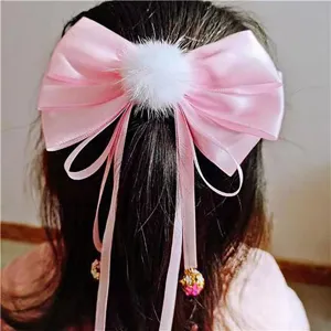 Roze haarstrik clip voor kinderen Hanfu stijl met witte pluche bal en lange linten