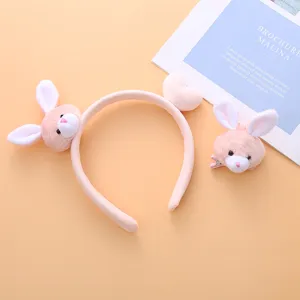 Cute pink bunny plush headband and hair clip set, sweet winter hair accessories for women.