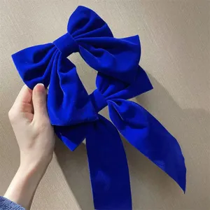 Close-up of the elegant Klein blue velvet bow hair clip, showing soft fabric texture and details.