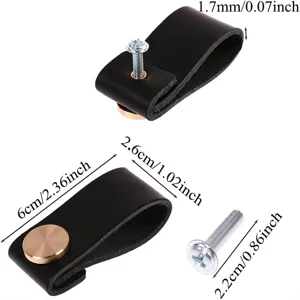 Poignée de meuble en cuir noir avec bouton et vis en laiton, dimensions détaillées.