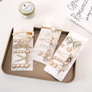 Elegant pearl bow hair clip set, Korean style feather and flower side clips for women.