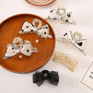 Korean Fashion Organza Bowknot Tassel Hair Claw Clip Rhinestone Artificial Pearl Shark Clip Hair Accessories For Women