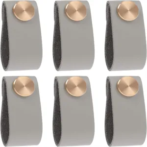 6 pcs poignées de meuble en cuir gris avec boutons en laiton doré pour tiroirs et armoires.