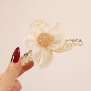 Organza flower hair claw clip detail, elegant rhinestone shark clip for women and girls.