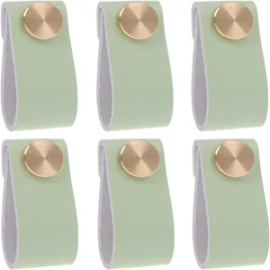 Poignées de meuble en cuir vert avec boutons en laiton, poignées de porte pour tiroirs.