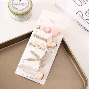 Detailed shot of Korean style pearl rhinestone hair clips set, elegant design for sweet daily wear.