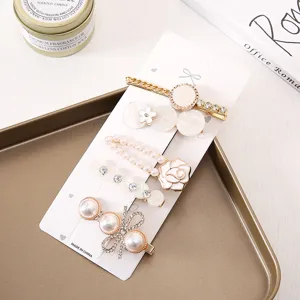 Elegant pearl bow hair clip set, chic rhinestone hairpins for women and girls daily hair styling.