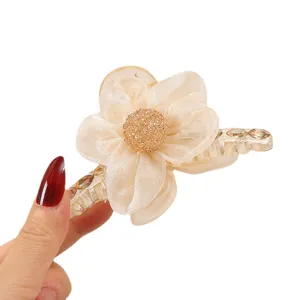 Elegant organza flower hair claw clip with sparkly rhinestones for women hair styling main view
