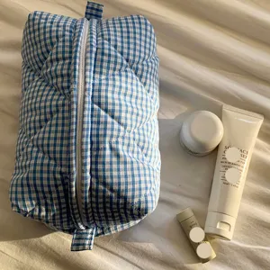 Koreanischer gesteppter Kosmetikbeutel, blaue Karo Make-up Tasche, große Reise-Kulturbeutel.