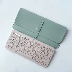 Detailed view of wireless keyboard and protective PU leather case set, modern pastel design.