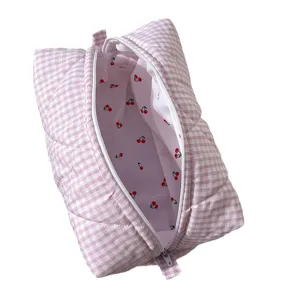 Bolsa de cosmeticos acolchada a cuadros rosa gran capacidad bonita bolsa de maquillaje