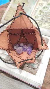 Leather D20 dice bag for tabletop gaming, storage pouch for polyhedral dice and RPG accessories.