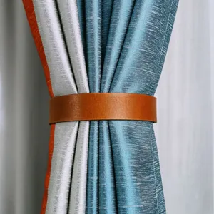 Modern Nordic PU leather curtain tieback detail, punch-free decorative strap for window drapes.