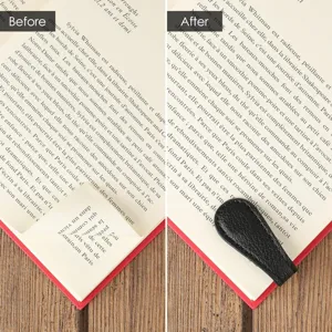 Detail view of the black leather magnetic bookmark showing strong hold on book pages easily.