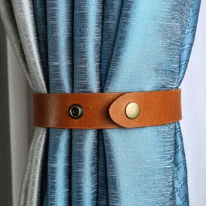 Nordic PU leather curtain tieback detail shot, punch-free buckle for home window decor.