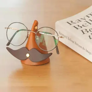Creative mustache leather glasses holder desktop display stand for office and home use.