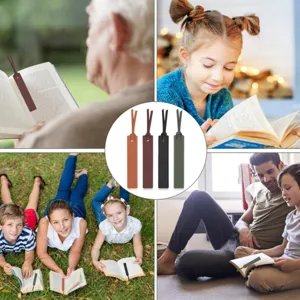 Detailed lifestyle view of leather bookmarks with tassels in use while reading books easily.
