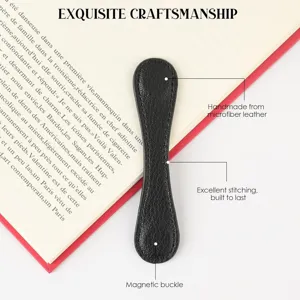 Minimalist magnetic leather bookmark with fine stitching for book reading page marker.