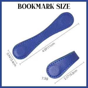 Blue leather magnetic bookmark with dimension details, perfect for reading and page marking.