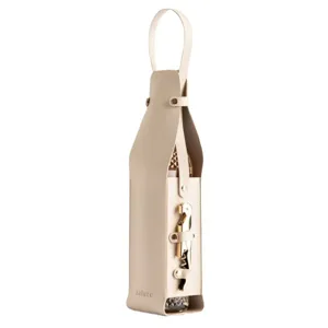 Leren wijnflesdraagtas van hoge kwaliteit met kurkentrekkerhouder, elegante beige tas.