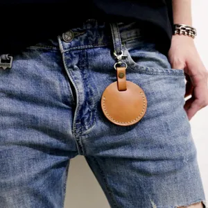 Round PU leather key holder portable zipper key case automotive storage hanging accessory