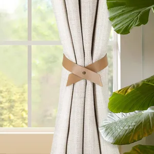 Nordic style brown PU leather curtain tieback detail, punch-free home decor accessory.