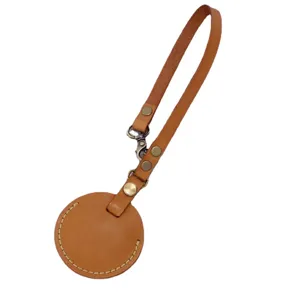 Brown PU leather keychain strap with metal snap button and round pouch holder for car keys.