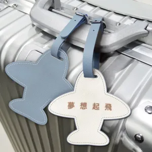 Étiquette de Bagage Avion en Cuir PU Porte-Adresse pour Valise de Voyage Bleu Blanc