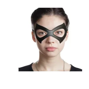 Close-up detail of black leather masquerade mask worn by model for Halloween costume party.